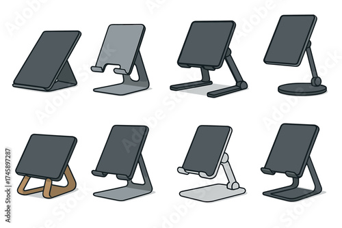 Phone and tablet stand icon set. Shaded illustrations of mobile device holders