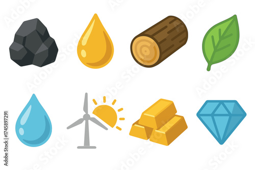Natural resources icon set. Colorful flat symbols of energy and raw materials