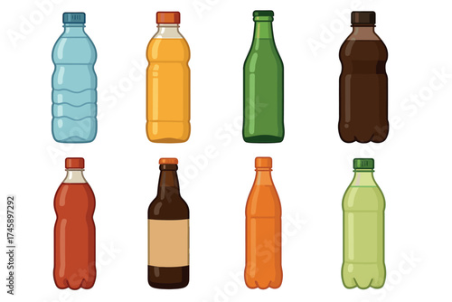 Bottles and beverage containers icon set. Flat color illustrations of drinks packaging
