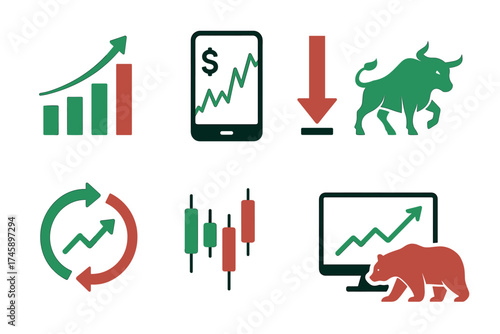 Stock market and trading icon set. Color symbols of bull and bear markets