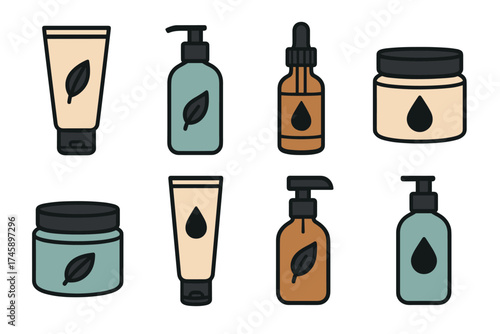 Natural cosmetics and skincare icon set. Colorful symbols of organic beauty products
