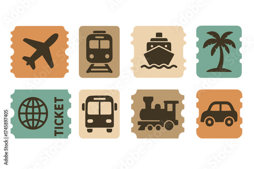 Travel ticket and transport icon set. Retro style symbols of journey admission