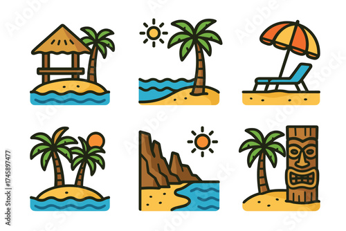 Tropical beach and paradise island icon set. Colorful symbols of summer vacation