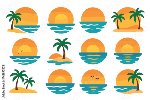Sunset and sunrise over the ocean icon set. Flat color symbols of beach and sea landscapes
