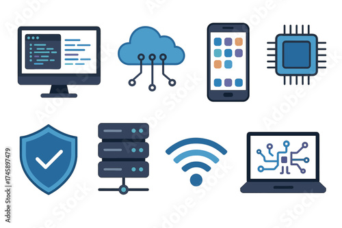 Computer technology and network icon set. Colorful symbols of IT and digital communication