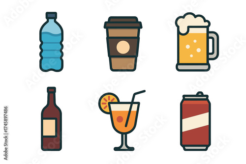 Beverages and drinks icon set. Colorful symbols of different cold and hot drinks