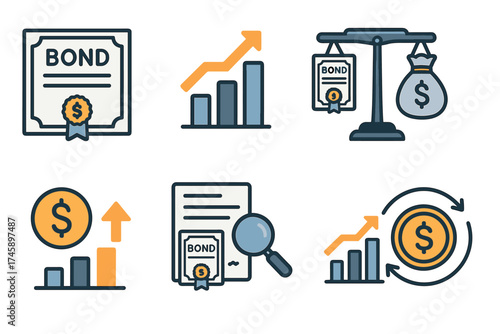 Bond investment and finance icon set. Colorful symbols of government and corporate bonds