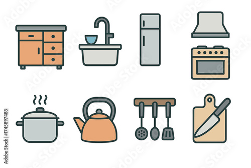Kitchen and cooking icon set. Colorful symbols of home appliances and furniture