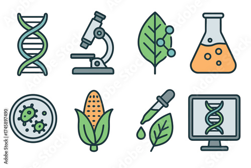 Biotechnology and genetic engineering icon set. Colorful symbols of science and research