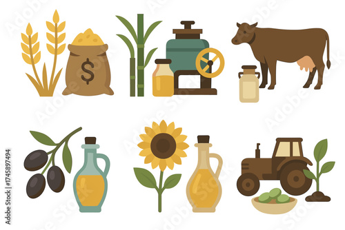 Agricultural products and farming icon set. Flat color illustrations of natural resources