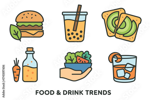 Food and drink trends icon set. Colorful symbols of modern and healthy eating