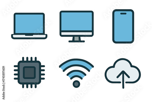 Technology and connectivity icon set. Colorful symbols of digital devices and internet