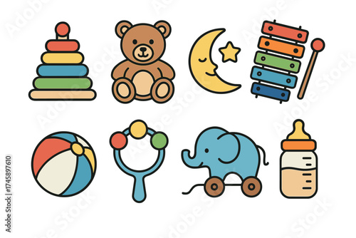 Baby toys and nursery items icon set. Colorful symbols of infant play and development