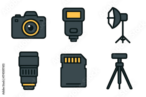 Photography equipment and camera gear icon set. Colorful symbols of a photo studio