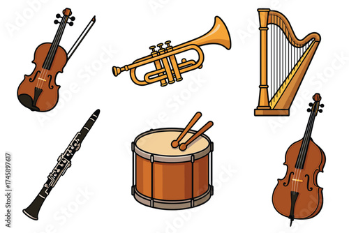 Orchestral instruments and classical music icon set. Colorful symbols of the symphony