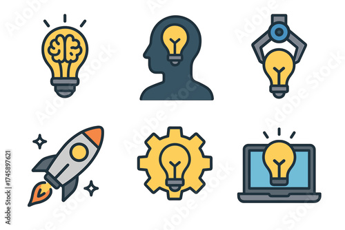 Innovation and new ideas icon set. Colorful symbols of creativity and startup launch