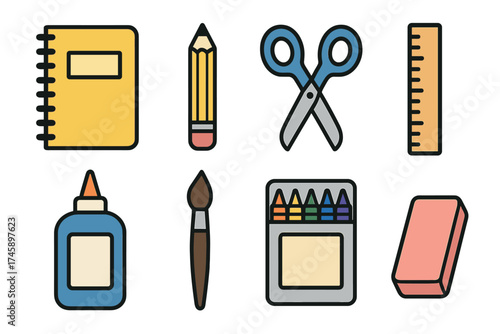 School and art supplies icon set. Colorful symbols of stationery and creative tools