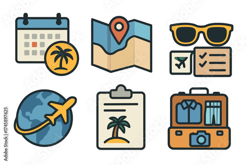 Travel planning and vacation icon set. Colorful symbols of booking a trip