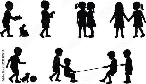 Children silhouettes, kids playing together, holding hands, with toys, pets and animals, outdoor fun, friendship, teamwork, childhood activities, happy lifestyle illustration