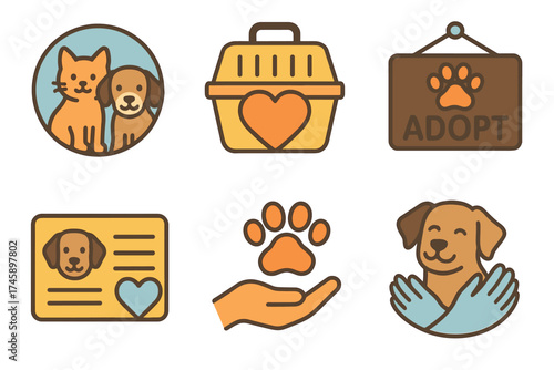 Pet adoption and animal rescue icon set. Colorful symbols of finding a home for pets