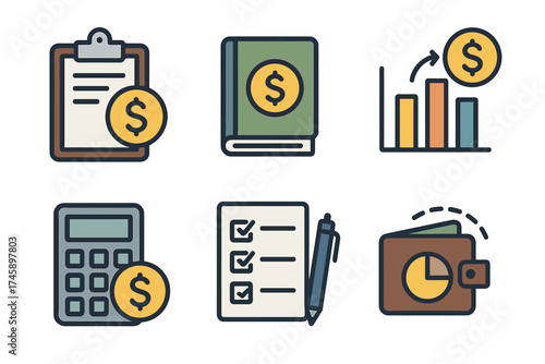 Budgeting and finance icon set. Colorful symbols of financial planning and accounting