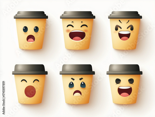 Coffee cups showing various emotional facial expressions