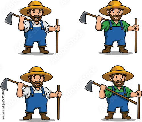 Cartoon farmer character set, axe and stick poses, rural outfit variations, agriculture mascot, vector illustration for animation and design