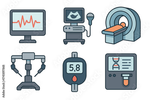 Medical diagnostics and equipment icon set. Colorful symbols of hospital technology