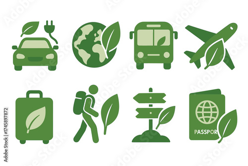 Eco-friendly travel and sustainable tourism icon set. Green symbols of green transport