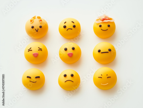 Yellow emoji face dessert candy showing various emotions