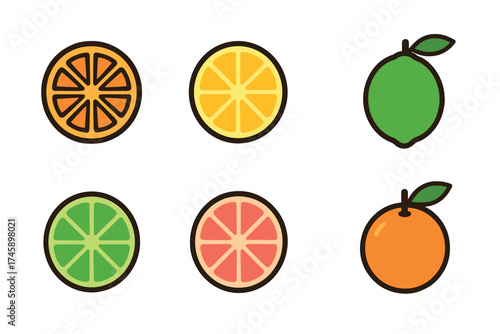 Citrus fruit slice icon set. Colorful symbols of orange, lemon, and lime