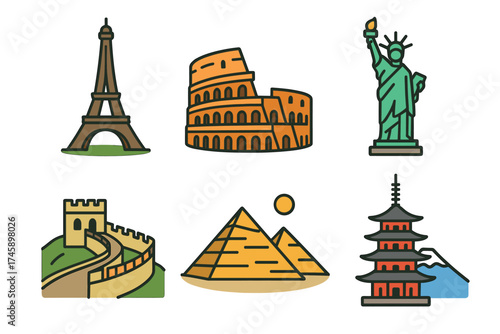 World landmarks icon set. Colorful cartoon illustrations of famous monuments