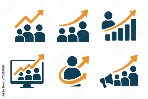 Audience growth and user engagement icon set. Two-color symbols of social media analytics