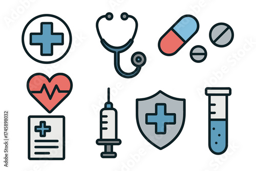Medical and healthcare icon set. Colorful symbols of hospital and pharmacy