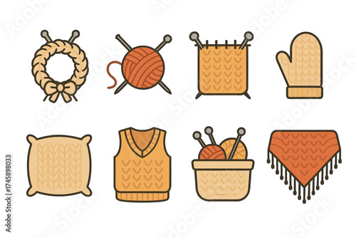 Knitting and yarn crafts icon set. Colorful symbols of handmade woolen items