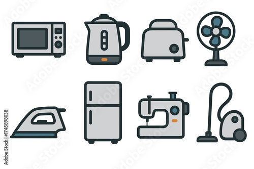 Home appliances and household electronics icon set. Colorful symbols of domestic devices