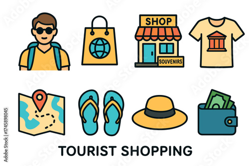 Tourist shopping and souvenir icon set. Colorful symbols of vacation purchases