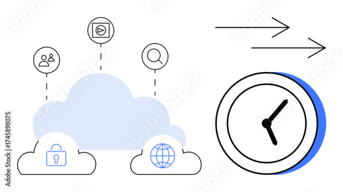 Cloud platforms linked to security, global sharing, and user collaboration icons beside a clock and arrows. Ideal for technology, networking, data transfer, collaboration, time management