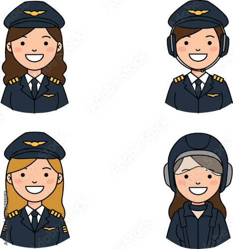 Cartoon female pilot characters, aviation uniforms, headset and helmet styles, vector illustration for animation, flight crew design, airline, stock image
