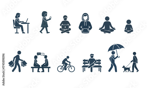 working silhouette icons sate.Vector illustration in Sitting, walking, dancing, etc.	