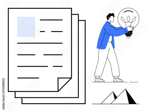 Person with lightbulb walking near stacked documents and pyramid shapes. Ideal for creativity, innovation, problem-solving, education, strategy, business planning, abstract concepts, simple flat