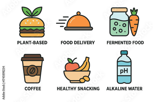 Food and drink trends icon set. Colorful symbols of modern eating habits