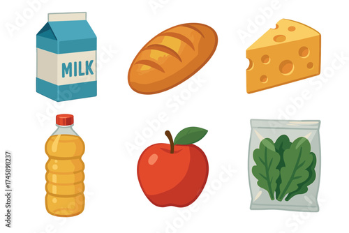 Basic grocery items icon set. Realistic color illustrations of everyday food