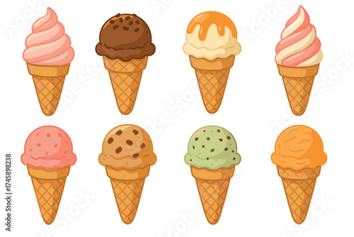 Ice cream cone icon set. Colorful cartoon illustrations of different flavors