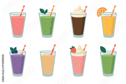 Smoothies and milkshakes icon set. Flat color illustrations of healthy and dessert drinks