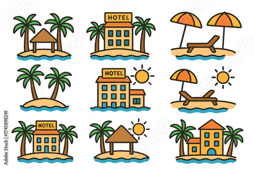Beach resort and tropical vacation icon set. Colorful symbols of summer holidays