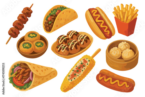 Street food from around the world icon set. Detailed color illustrations of international fast food