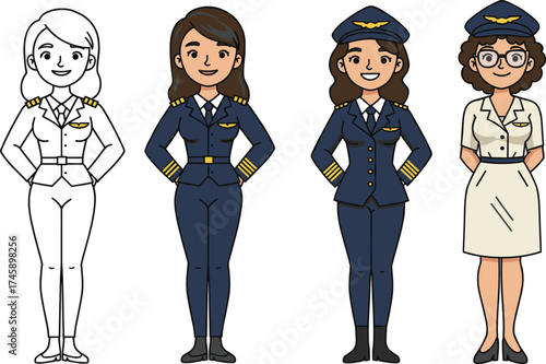 Cartoon female pilot characters, uniform variations, aviation roles, outline and color styles, vector illustration for animation, airline design, stock image