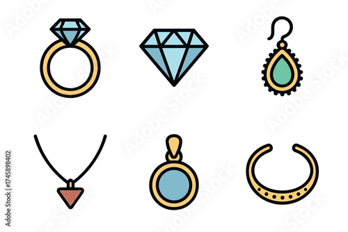 Jewelry and accessories vector line icon set. Collection of diamond ring, earrings, necklace, and pendant symbols.