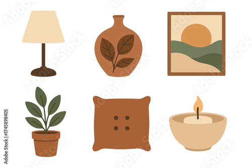 Cozy home decor vector illustration set. Collection of boho style interior elements like lamp, vase, plant, and candle.
